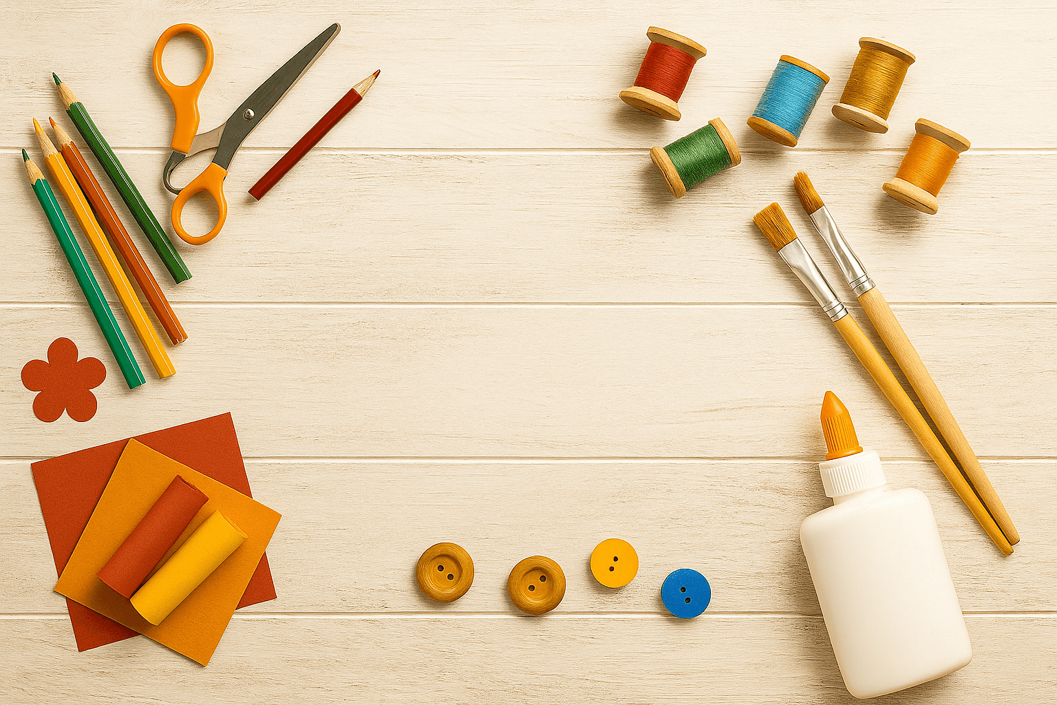 Wood background with art supplies